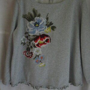 Grey sweatshirt tunic -ruffle bottom and embroidered flowers -size14 -Joules